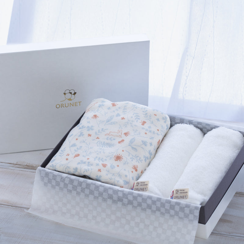 ● 3-layer gauze baby blanket (botanical)×1, White baby face towel×2  3 piece set