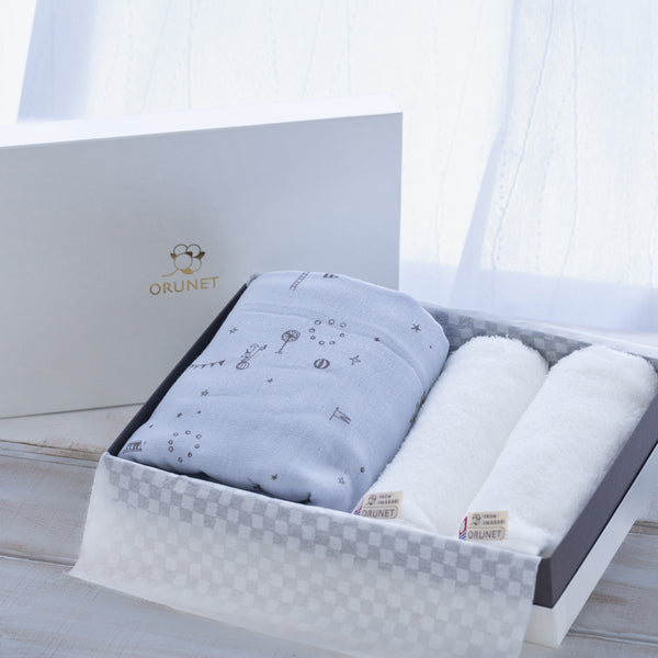 ●3-layer gauze baby blanket (circus)×1　,White baby face towel×2 　3 piece set　